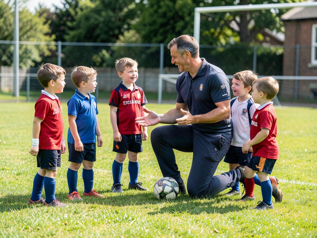 An ETT Sports coach talking with a small group of primary school children on a grass pitch