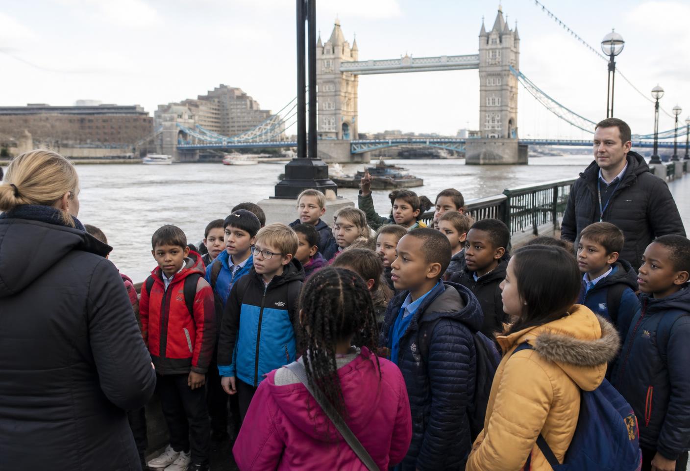 Children on a guided London experience near Tower Bridge